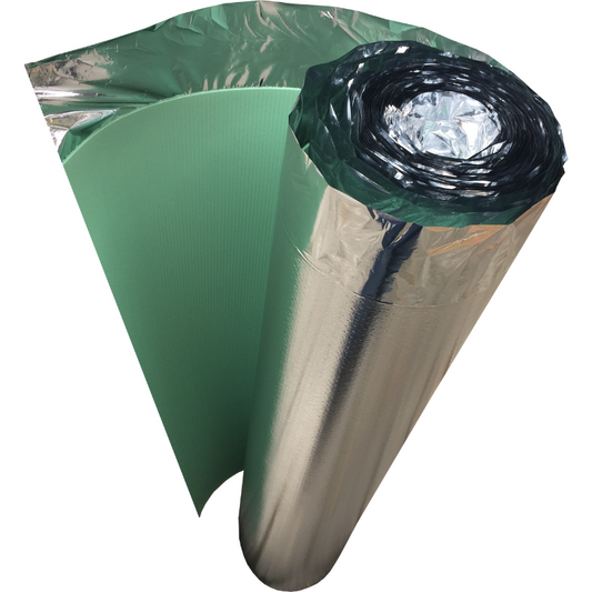 2mm XPS roll underlay with aluminum membrane, covers 16.5m², enhanced moisture barrier and thermal reflection for superior insulation