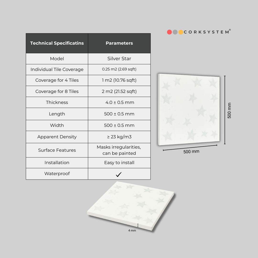 Silver Stars: Decorative Ceiling & Wall Panels - 2m2 (21.52 sqft) - 8 Panels