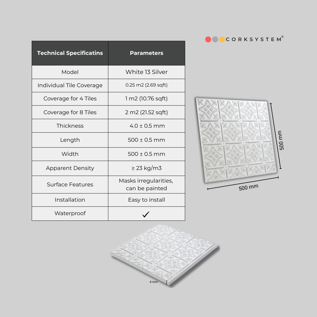 White 13 (Silver): Decorative Ceiling & Wall Panels - 2m2 (21.52 sqft) - 8 Panels